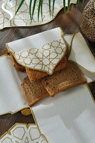 Ramadan Dome Design Gold and Off White Full Placemat Set - With Bread Basket Napkin and Runner - 6 Persons - 26 Pcs.