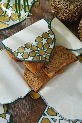Ramadan Dome Design Green and Gold Full Placemat Set - With Bread Basket Napkin and Runner - 6 Persons - 26 Pcs.