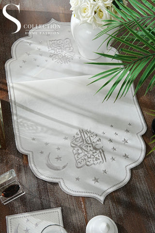 Ramadan Silver Glamorous Design Full Placemat Set - With Bread Basket Napkin and Runner - 6 Persons - 26 Pcs.