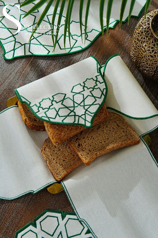 Ramadan Dome Design Green and Off White Full Placemat Set - With Bread Basket Napkin and Runner - 6 Persons - 26 Pcs.