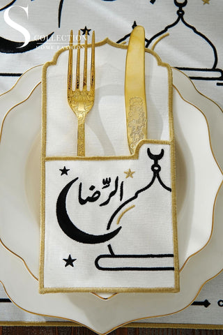 Ramadan Hilal Design Black and Gold Placemat Set - Waterproof Fabric - 6 Persons - 12 Pcs. Set