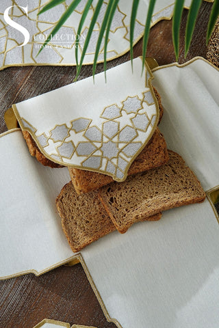 Ramadan Dome Design Silver and Gold Full Placemat Set - With Bread Basket Napkin and Runner - 6 Persons - 26 Pcs.