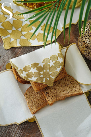 Ramadan Dome Design Gold Full Placemat Set - With Bread Basket Napkin and Runner - 6 Persons - 26 Pcs.