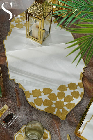 Ramadan Dome Design Gold Full Placemat Set - With Bread Basket Napkin and Runner - 6 Persons - 26 Pcs.