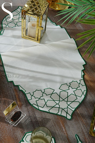 Ramadan Dome Design Green and Off White Full Placemat Set - With Bread Basket Napkin and Runner - 6 Persons - 26 Pcs.