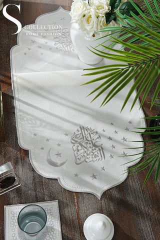 Ramadan Design Silver Chic Full Placemat Set - With Bread Basket Napkin and Runner - 6 Persons - 26 Pcs.