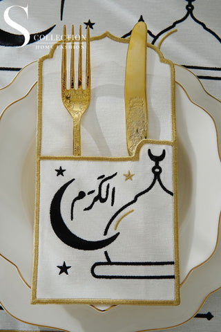 Ramadan Hilal Design Black and Gold Placemat Set - Waterproof Fabric - 6 Persons - 12 Pcs. Set
