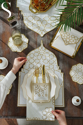 Ramadan Dome Design Gold and Off White Full Placemat Set - With Bread Basket Napkin and Runner - 6 Persons - 26 Pcs.