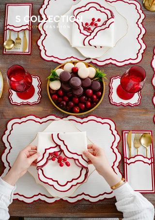 Gabriel Burgundy Design Placemat Set - Waterproof Fabric - 6 Persons - 24 Pcs. Full Set