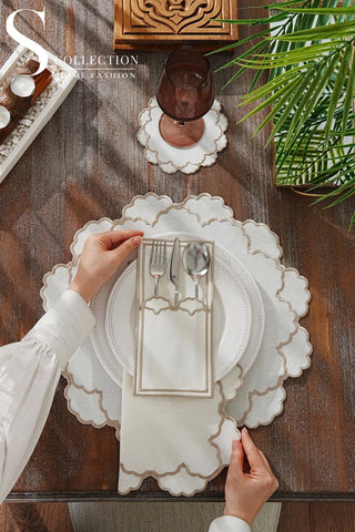 Olivia Cappuccino Design Placemat Set - Waterproof Fabric - 6 Persons - 24 Pcs. Full Set