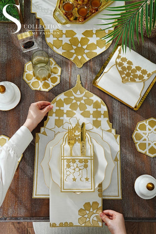 Ramadan Dome Design Gold Full Placemat Set - With Bread Basket Napkin and Runner - 6 Persons - 26 Pcs.
