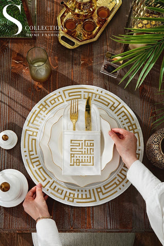 Ramadan Kareem Design Gold Placemat and Cultery Pocket Set -Waterproof Fabric - 6 Persons - 12 Pcs.