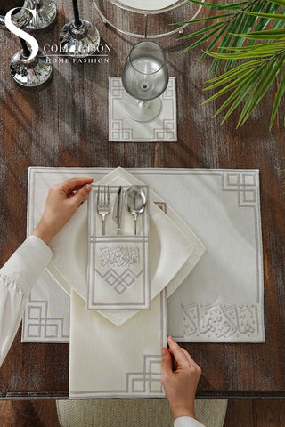 Welcome Elegance Design Silver Placemat Set - Waterproof Fabric - 6 Persons - 24 Pcs. Full Set