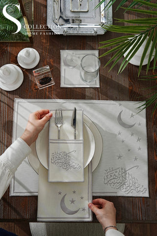 Ramadan Design Silver Stellar Serenity Placemat Set -Waterproof Fabric - 6 Persons - 24 Pcs. Full Set