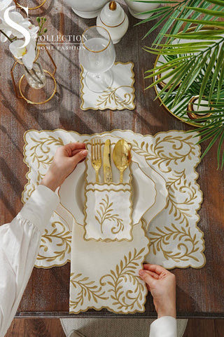 Lilac Soleil Gold Design Placemat Set - Waterproof Fabric - 6 Persons -  24 Pcs. Full Set