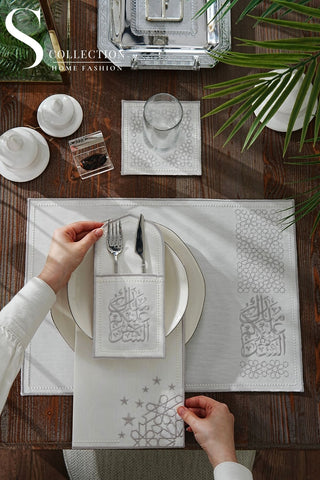 Ramadan Design Silver Chic Placemat Set - Waterproof Fabric - 6 Persons - 24 Pcs. Set