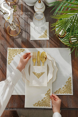 Evelyn Gold Design Placemat Set - Waterproof Fabric - 6 Persons - 24 Pcs. Full Set