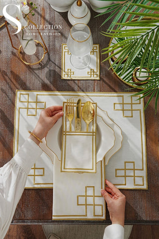 Classy Gold Design Placemat Set - Waterproof Fabric - 6 Persons - 24 Pcs. Full Set