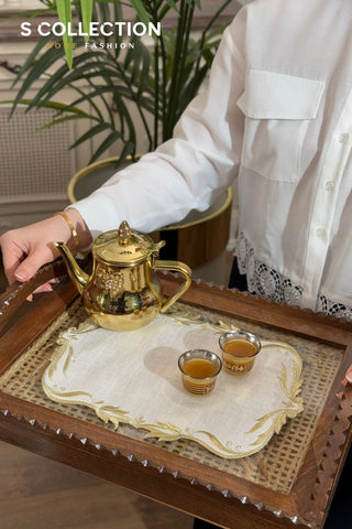 Tulip Design Tray Cover - % 100 Linen Fabric - Shine Gold Embroidered