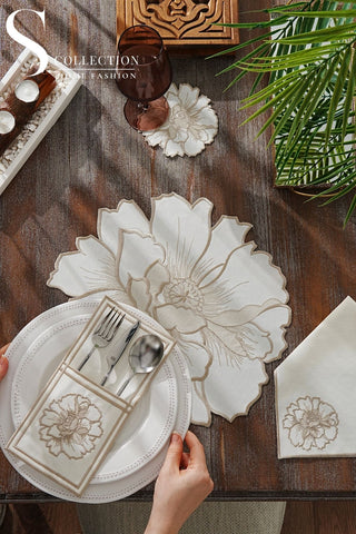 Eloise Cappuccino Design Placemat Set - Waterproof Fabric - 6 Persons - 24 Pcs. Full Set