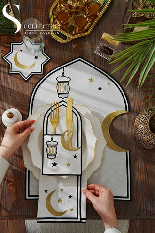 Ramadan Qamar Design Black and Gold Placemat Set - Waterproof Fabric - 6 Persons - 24 Pcs. Full Set