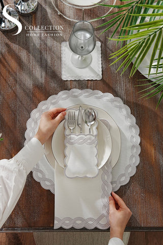 Ocean Braid Silver Design Placemat Set - Waterproof Fabric - 6 Persons - 24 Pcs. Full Set