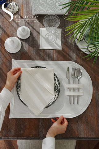 Dora Off White Pocket Design Placemat Set - Waterproof Fabric - 6 Persons - 18 Pcs. Full Set