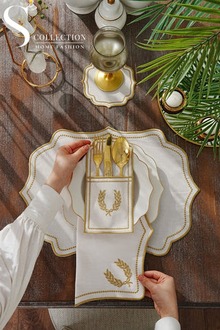 Laurel Wreath Gold Design Placemat Set - Waterproof Fabric - 6 Persons - 24 Pcs. Full Set