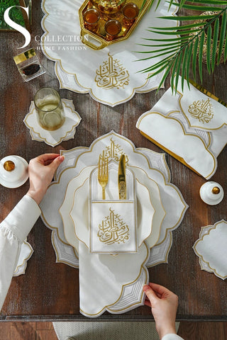 Ramadan Najma Design Gold and Silver Full Placemat Set - With Bread Basket Napkin and Runner - 6 Persons - 26 Pcs.