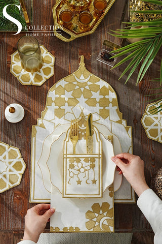Ramadan Dome Design Gold Placemat Set - Waterproof Fabric - 6 Persons - 24 Pcs. Full Set