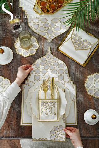 Ramadan Dome Design Silver and Gold Full Placemat Set - With Bread Basket Napkin and Runner - 6 Persons - 26 Pcs.