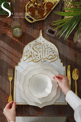 Ramadan Qubba Design Gold Placemat - Waterproof Fabric - 12 Persons - 12 Pcs.