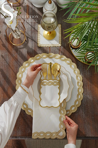 Ocean Braid Gold Design Placemat Set - Waterproof Fabric - 6 Persons - 24 Pcs. Full Set