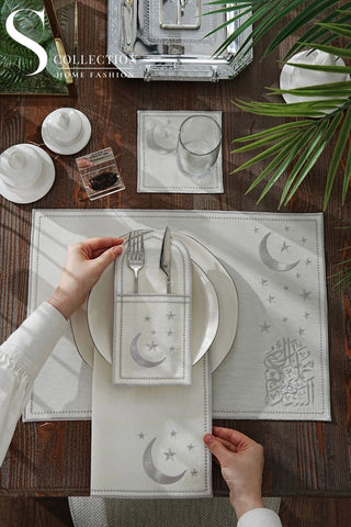 Ramadan Design Silver Glamorous Placemat Set - Waterproof Fabric - 6 Persons - 24 Pcs. Full Set