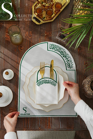 Ramadan Noor Design Placemat and Cutlery Pocket Set - Green and Off White Embroidery - Waterproof Fabric - 12 pcs (6 Persons)