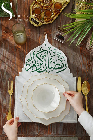 Ramadan Qubba Design Green and Off White Placemat - Waterproof Fabric - 12 Persons - 12 Pcs.