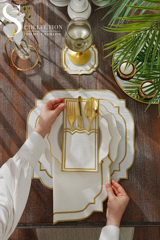Amelia Gold Design Placemat Set - Waterproof Fabric - 6 Persons - 24 Pcs. Full Set