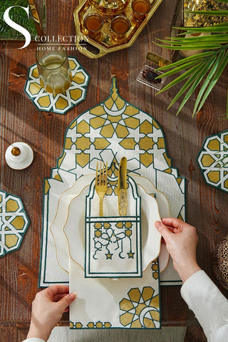 Ramadan Dome Design Green and Gold Placemat Set - Waterproof Fabric - 6 Persons - 24 Pcs. Full Set