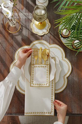 Leafy Allure Gold Design Placemat Set - Waterproof Fabric - 6 Persons - 24 Pcs. Full Set
