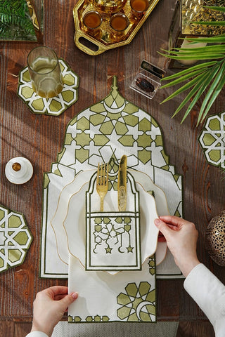 Ramadan Dome Design Olive Green Placemat Set - Waterproof Fabric - 6 Persons - 24 Pcs. Full Set