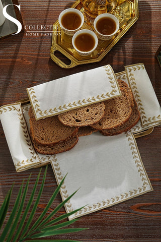 Leafy Allure Design Bread Basket Napkin - Waterproof Fabric - Shine Gold Embroidered
