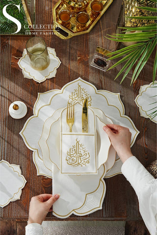 Ramadan Najma Design Gold Placemat Set - Waterproof Fabric - 6 Persons - 24 Pcs. Full Set