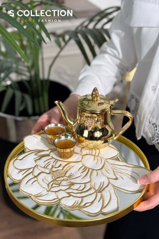 Charlotte Design Tray Cover - %100 Linen Fabric - Gold Embroidered