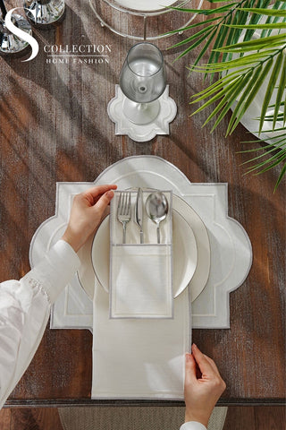 Milan Silver and Off White Design Placemat Set - Waterproof Fabric - 6 Persons - 24 Pcs. Full Set