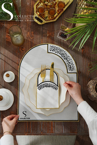 Ramadan Noor Design Placemat and Cutlery Pocket Set - Black and Gold Embroidery - Waterproof Fabric - 12 pcs (6 Persons)