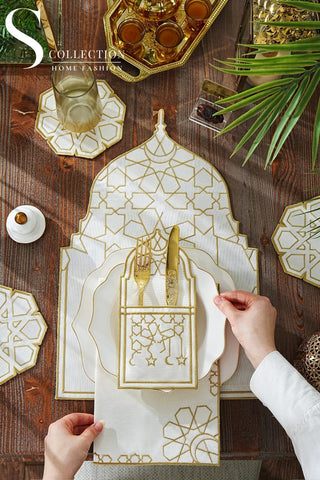 Ramadan Dome Design Gold and Off White Placemat Set - Waterproof Fabric - 6 Persons - 24 Pcs. Full Set
