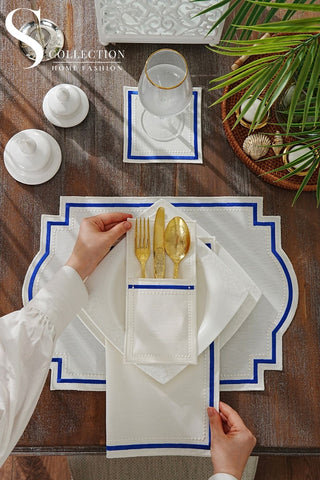 Graceful Navy Blue Design Placemat Set - Waterproof Fabric - 6 Persons - 24 Pcs. Full Set