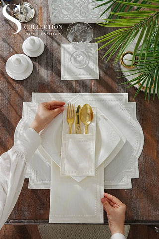 Graceful Off White Design Placemat Set - Waterproof Fabric - 6 Persons - 24 Pcs. Full Set
