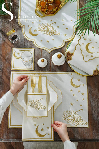 Ramadan Design Gold Stellar Serenity Full Placemat Set - With Bread Basket Napkin and Runner - 6 Persons - 26 Pcs.