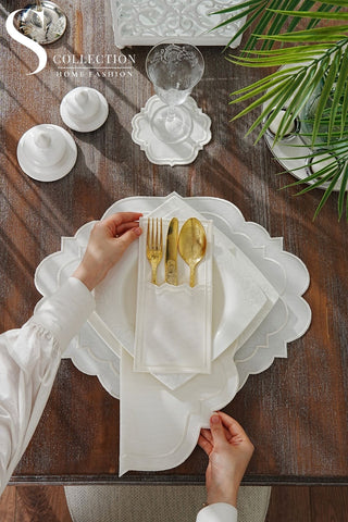 Clara Off White Design Placemat Set - Waterproof Fabric - 6 Persons - 24 Pcs. Full Set